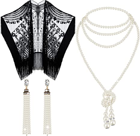 Photo 1 of 3 Pcs 1920s Flapper Gatsby Accessories Include 1920s Sequin Beaded Shawl Long Pearls Necklace Imitation Pearl Earrings for Women Girls 