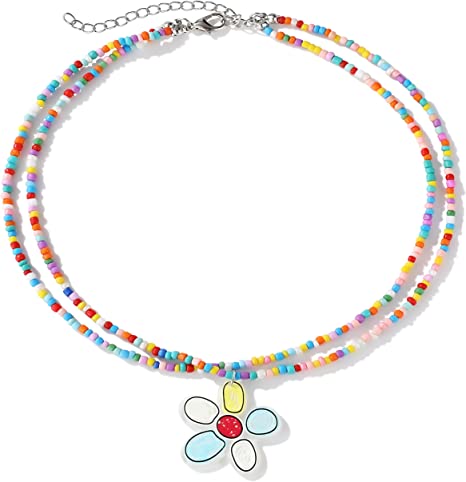 Photo 1 of Buleens Seed Beaded Necklace Set For Women Summer Colorful Bead Necklaces Girls Beach Rainbow Smiley Face Bohemian Choker Flower Sea Sunflower Beads Daisy Multicolor Party 90s Clear Stackable Western Trendy Cute Aesthetic Fun Jewelry Simple Indie Womens T