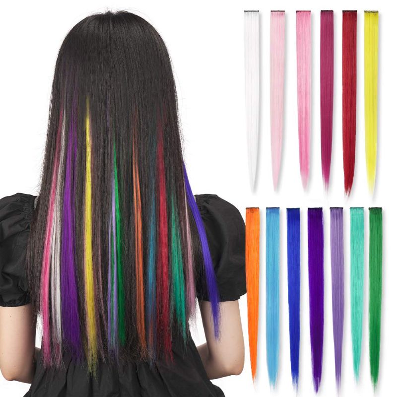 Photo 1 of 13 Pcs Colored Hair Extensions, BARSDAR Clip in 21 inch Rainbow Colorful Straight Hair Extensions Multicolor Party Highlights for Kids Women's Gifts 