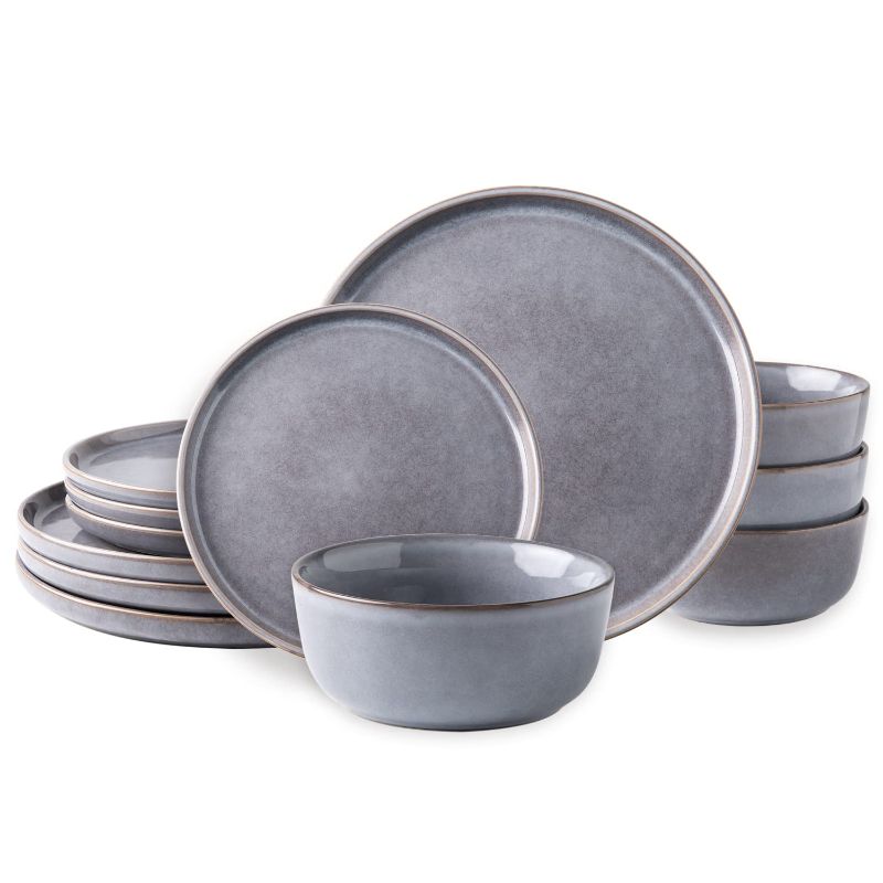 Photo 1 of AmorArc Stoneware Dinnerware Sets,Round Reactive Glaze Plates and Bowls Set,Highly Chip and Crack Resistant | Dishwasher & Microwave Safe,Service for 4 (12pc) Grey-Service for 4