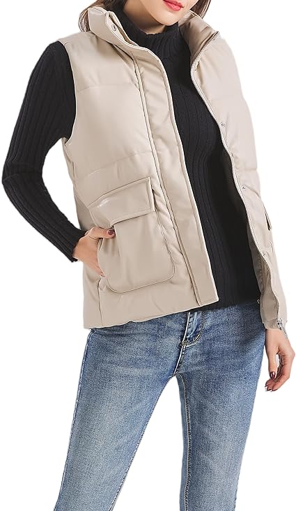 Photo 1 of NORNETEK WOMEN'S FAUX LEATHER PUFFER VEST WINTER CASUAL SPRING LIGHTWEIGHT VESTS ZIP UP SLEEVELESS JACKET FOR GIRLS WOMEN SIZE L