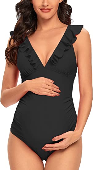 Photo 1 of Ziola Maternity Swimsuit One Piece Ruffle V Neck Swimwear Lace Up Back Bathing Suit Monokini MEDIUM
