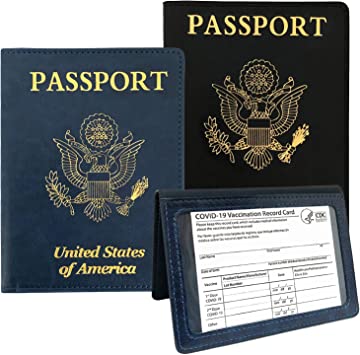 Photo 1 of 2 Pack PU Leather Passport and Vaccine Card Holder Combo , 2 Passport Holder with Vaccine Card Slot , Vaccine Card Protector Waterproof Passport Holder , Vax Card Holder , Vaccine Card Covers , Passport Book (Double Pack, Dark Blue and Black)
