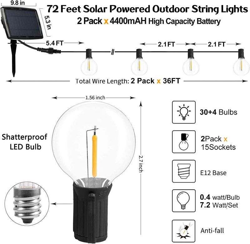 Photo 2 of 36 FT each Solar Powered String Lights Outdoor Patio Lights Solar Waterproof G40 Globe Lights with 34 LED Shatterproof Bulbs Battery Operated String Size:2Pack*36FT 15 Lights
.
