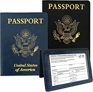 Photo 1 of LOT OF 2 - 2 Pack PU Leather Passport and Vaccine Card Holder Combo , 2 Passport Holder with Vaccine Card Slot , Vaccine Card Protector Waterproof Passport Holder , Vax Card Holder , Vaccine Card Covers , Passport Book (Double Pack, Dark Blue and Black)
