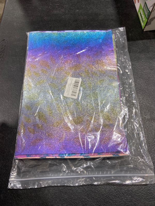 Photo 2 of 11 Pack Laser Iridescent Faux Leather Sheets Holographic Frosted Gradient PU Leather with Feather Printed for Hair Bows Earrrings Making A4 Size (8.3'' x 11.8''), Rainbow Frosted Feather