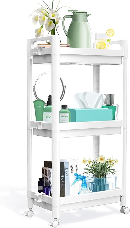 Photo 1 of 3 Tier Utility Rolling Cart, Rolling Storage Cart with Lockable Caster Wheels, Detachable Bathroom Organizer Cart with Handle, 8 Hanging Hooks, Easy Assembly, for Kitchen, Bathroom, Office, White