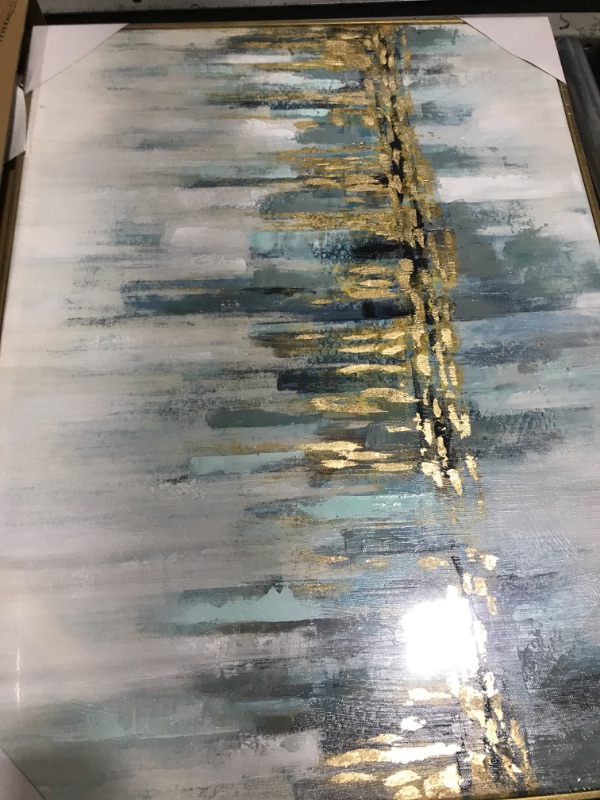 Photo 2 of Abstract Cityscape Canvas Wall Art - Framed Teal City Skyline Painting Prints with Gold Foil for Modern Living Room, Bedroom Decor Blue&Gold 32Wx24L Framed