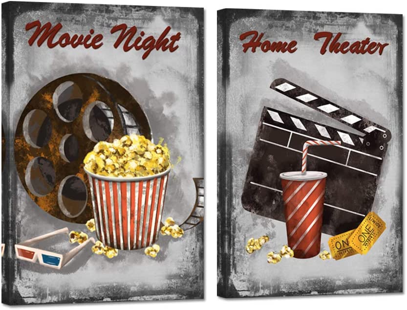 Photo 1 of Zlove 2 Pieces Set Rustic Movie Theater Canvas Wall Art Old Film Reels Clapper Popcorn Poster Print on Canvas for Home Theater Room Bedroom Decor Stretched and Framed Ready to Hang 16x24inchx2pcs