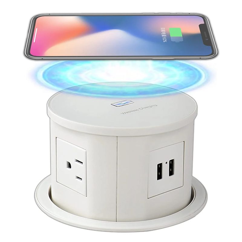 Photo 1 of Pop Up Outlet for Countertop, Kitchen Desktop Socket, Embedded Lift Power Supply, 15W Wireless Fast Charger +2 USB-A +4 US Outlets Plugs,4.7'' Diameter Round Pop Up Integrated Power Supply,White
