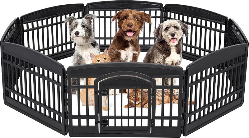 Photo 1 of  IRIS USA 24" Exercise 8-Panel Pet Playpen with Door, Dog Playpen, Puppy Playpen, for Small and Medium Dogs, Keep Pets Secure, Easy Assemble, Fold It Down, Easy Storing, Customizable, Black 