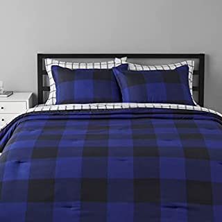 Photo 1 of Amazon Basics 7-Piece Lightweight Microfiber Bed-in-a-Bag Comforter Bedding Set - Full/Queen, Black and Blue Buffalo Plaid
