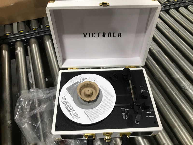 Photo 3 of Victrola Vintage 3-Speed Bluetooth Portable Suitcase Record Player with Built-in Speakers | Upgraded Turntable Audio Sound| White (VSC-550BT-WH) White Record Player