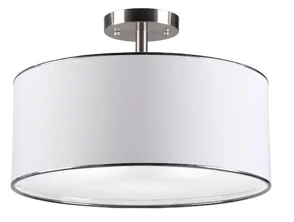 Photo 1 of 18 in. 3-Light Brushed Nickel Semi-Flush Mount with White Fabric Drum Shade