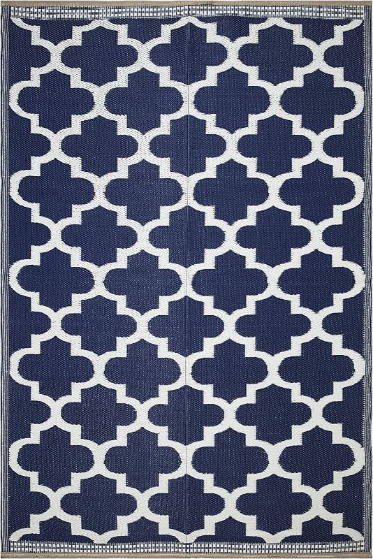 Photo 1 of  Beverly Rug Trellis Outdoor Rugs 5x7 Waterproof Reversible Plastic Straw Rug Outdoor Carpet, Outside Mat for Patio, Camping, Picnic, Porch, Deck, RV, Beach, Pool, Blue and White 