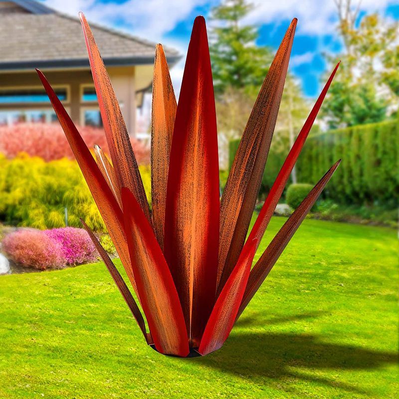 Photo 1 of  KODIBO Large Tequila Rustic Sculpture, Rustic Metal Agave Plants for Outdoor Patio Yard, Home Decor Hand Painted Metal Agave Garden Yard Statue, Outdoor Lawn Ornaments Yard Stakes (Red - L) 