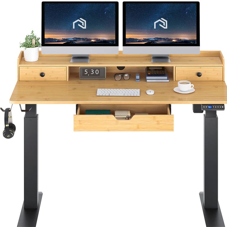 Photo 1 of Rolanstar Single Motor Free Standing Electric Height Adjustable Desk With Drawers And Headphone Hooks 47 Inch, BAMBOO COLOR