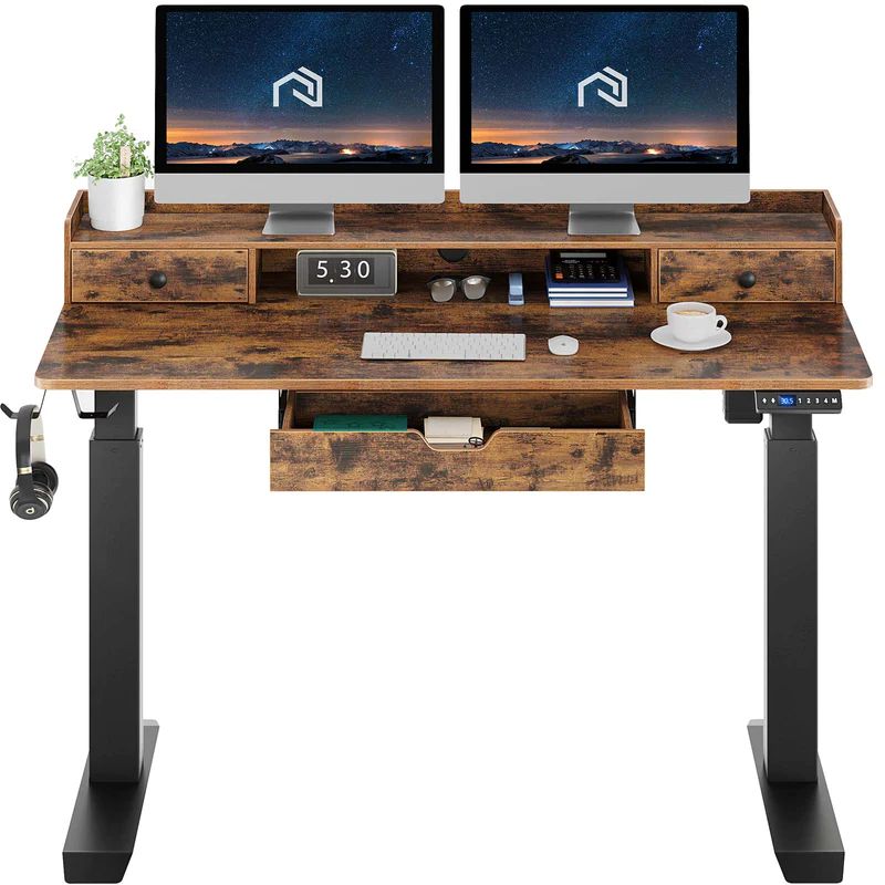 Photo 1 of Rolanstar Single Motor Free Standing Electric Height Adjustable Desk With Drawers And Headphone Hooks 47 Inch, rustic brown