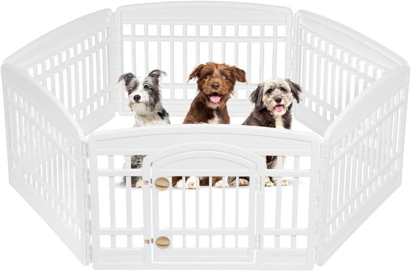 Photo 1 of  IRIS USA 24" Exercise 6-Panel Pet Playpen with Door, Dog Playpen, Puppy Playpen, for Small and Medium Dogs, Keep Pets Secure, Easy Assemble, Fold It Down, Easy Storing, Customizable, White 
