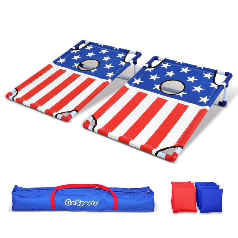 Photo 1 of  GoFloats American Flag Portable PVC Framed Cornhole Boards Game Set with 8 Bean Bags and Portable Carrying Case 