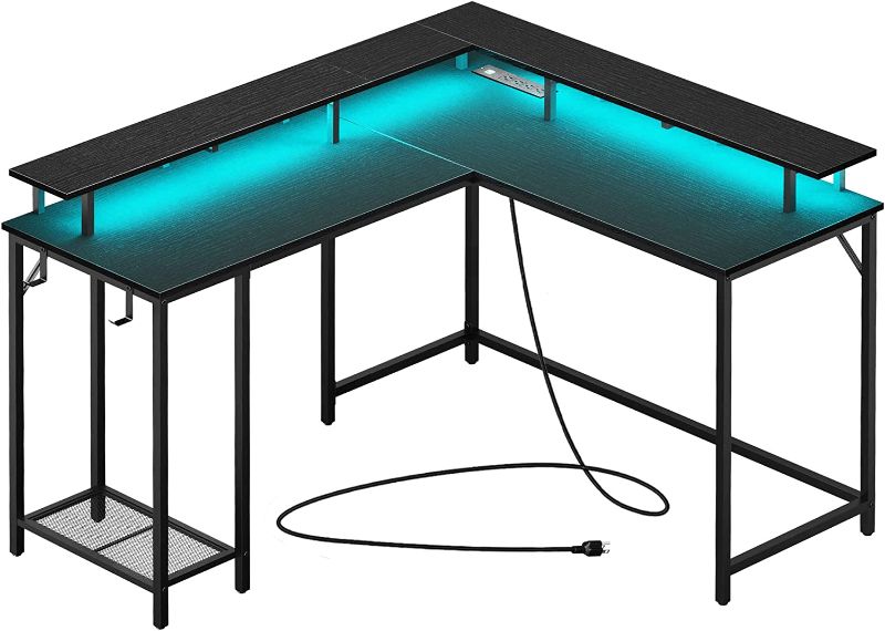 Photo 1 of SUPERJARE L Shaped Gaming Desk with Power Outlets & LED Lights, Computer Desk with Monitor Stand & Storage Shelf, Home Office Desk Corner Desk with Hooks, Black
