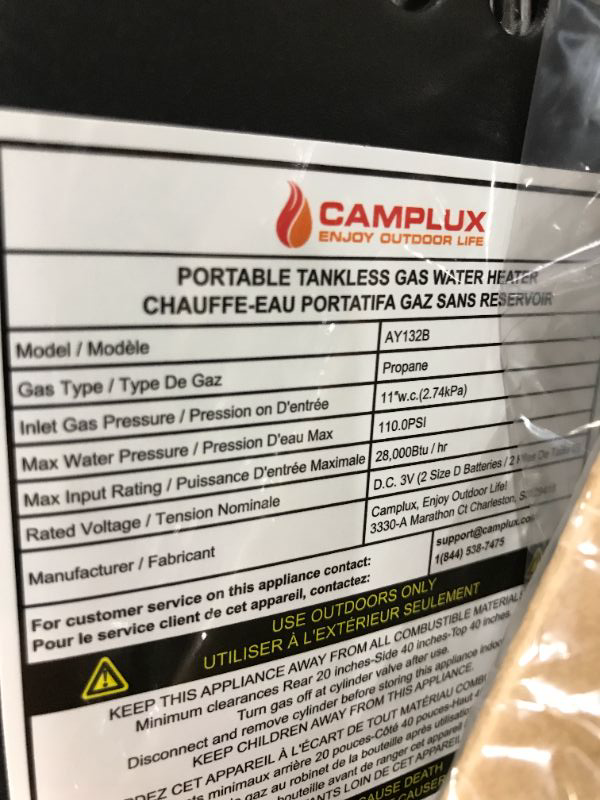 Photo 4 of Camplux 5L Portable Propane Gas Tankless Water Heater, 1.32 GPM Tankless Water Heater With 1.2 GPM Water Pump, Black
