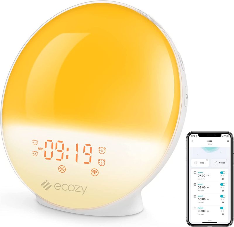 Photo 1 of ecozy Sunrise Alarm Clock for Heavy Sleepers, Smart Wake Up Light with Sunrise/Sunset Simulation, App & Voice Controlled, Natural Sounds & FM Radio, 4 Alarms & Snooze, 7 Colors Night Light
