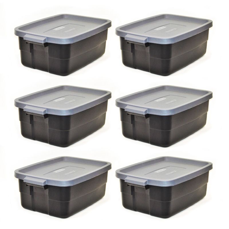 Photo 1 of  Rubbermaid Roughneck Tote 3 Gallon Storage Container, Black/Cool Gray (6 Pack), MISSING 2 BINS