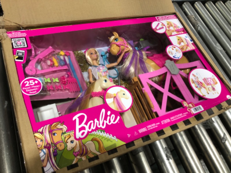 Photo 2 of  Barbie Groom N Care Horses Playset Doll (Blonde 11.5-in) 2 Horses & 20+ Grooming and Hairstyling Accessories Gift for 3 to 7 Year Olds 