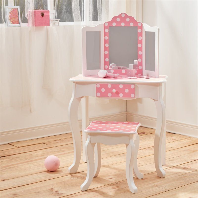 Photo 1 of  Teamson Kids Gisele Polka Dot Vanity Set with Tri-Fold Mirror and Chair Pink/White 