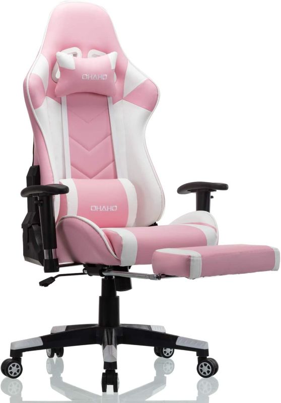 Photo 1 of OHAHO Gaming Chair Racing Style Office Chair Adjustable Massage Lumbar Cushion Swivel Rocker Recliner Leather High Back Ergonomic Computer Desk Chair with Retractable Arms and Footrest (Pink/White)
