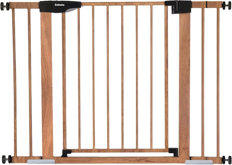 Photo 1 of Babelio 26-40" Metal Baby Gate with Wood Pattern, Easy Install Pressure Mounted Dog Gate, No Drilling, No Tools Required, Ideal for Stairs and Doorways, with Wall Protectors and Extenders
