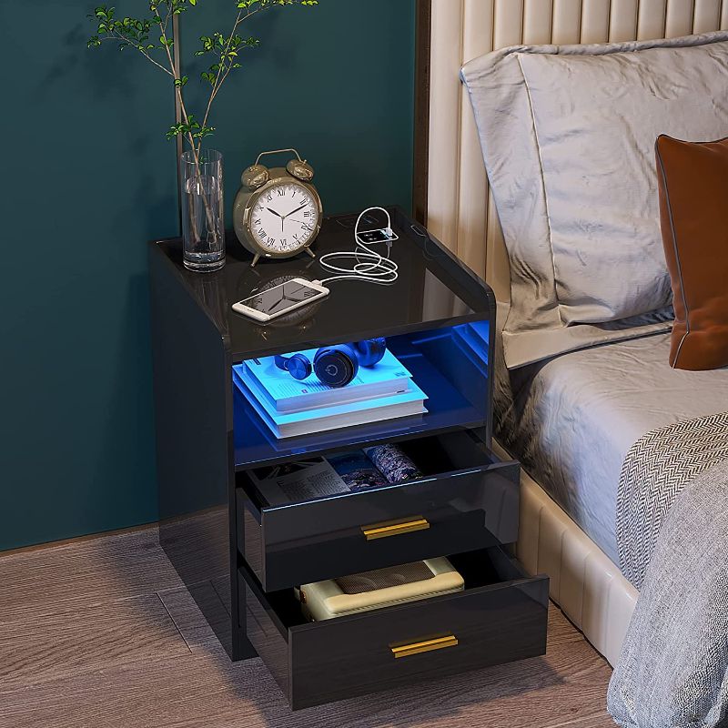 Photo 1 of  HNEBC Auto LED Nightstand with 2 USB Charging Station, High Gloss Black Nightstand Side Table with 2 Drawers,Bedside Table has Infrared Induction/3 Color LED Lighting/Adustable Brightness(Black) 