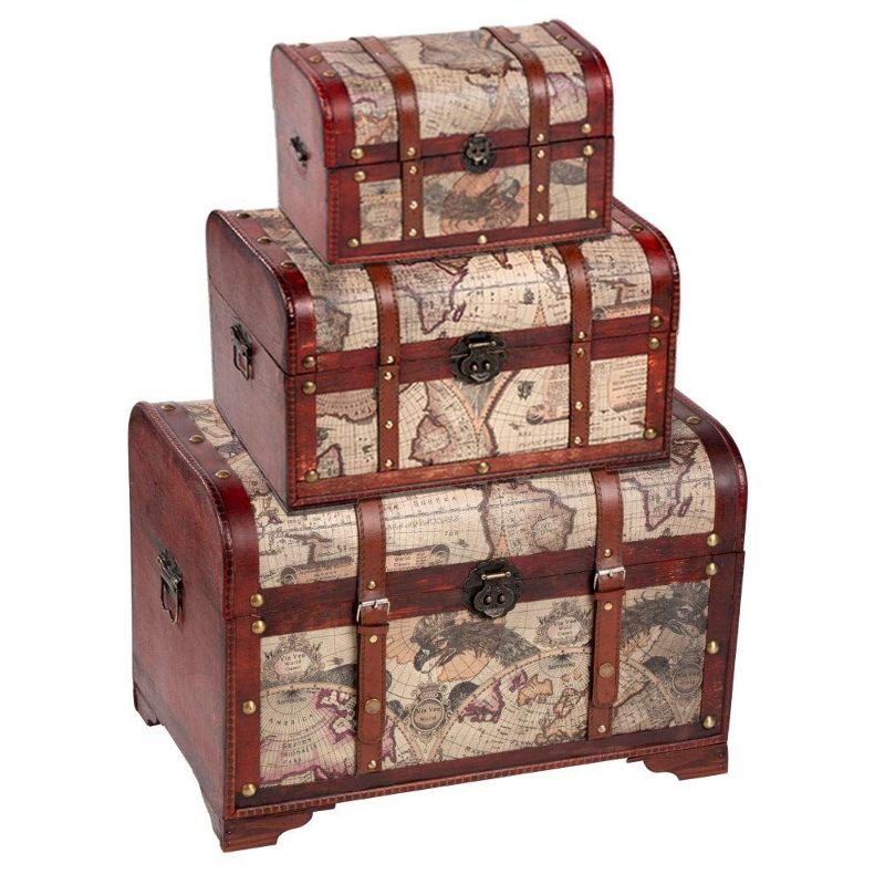 Photo 1 of  Juvale Wooden Chest Trunk, 3-Piece Storage Trunk and Chests - Map Pattern 