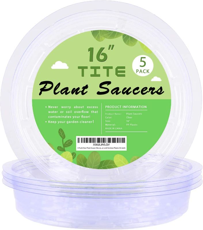 Photo 1 of 5 Pack Clear Plant Saucer Heavy Duty Sturdy Drip Trays for Outdoor and Indoor Plants (16 inch)
