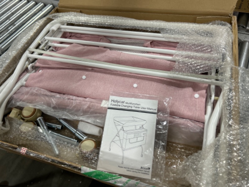 Photo 1 of ((PINK))Holy Cat Baby Portable Changing Table with Wheels Adjustable Height Folding Infant Diaper Station Mobile Nursery Stand with Newborn Lightweight Large Storage Rack - PINK 