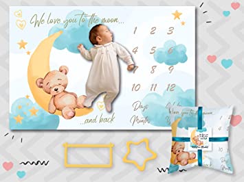 Photo 1 of Baby Milestone Blanket for Boys & Girls - Soft Monthly Picture Blanket for Newborn - Photo Prop Blankets Gender Neutral 60'' x40 - First Year Calendar Monthly Growth Chart, White and Blue
