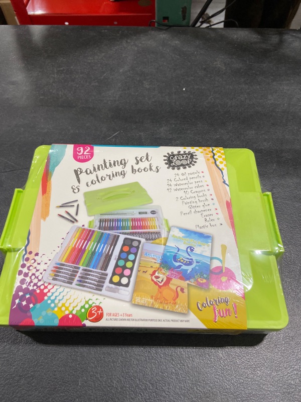 Photo 1 of 92 Pieces Kids Art Paint Set + 2 Coloring Books. Washable Carry Box. Watercolor, Pastels, Crayons, Pencils. Kid, Toddler, Children Finger Painting. Safe Non Toxic kit. Child Poster Project Supplies.