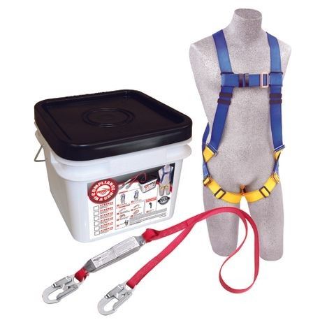 Photo 1 of 3M Protecta Compliance In A Can, 2199819, Roofers Kit, Full Body Harness, 6' Web Tie Off Adaptor, 8' Web Rebel Self Retracting Line, White Bucket
