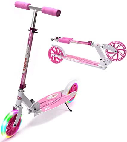 Photo 1 of ChromeWheels Kick Scooter, Deluxe 8" Large 2 Light Up Wheels Wide Deck 5 Adjustable Height with Kickstand Foldable Scooters, Best Gift for Age 9 up Kids Girls Boys Teens, 200lb Weight Limit
