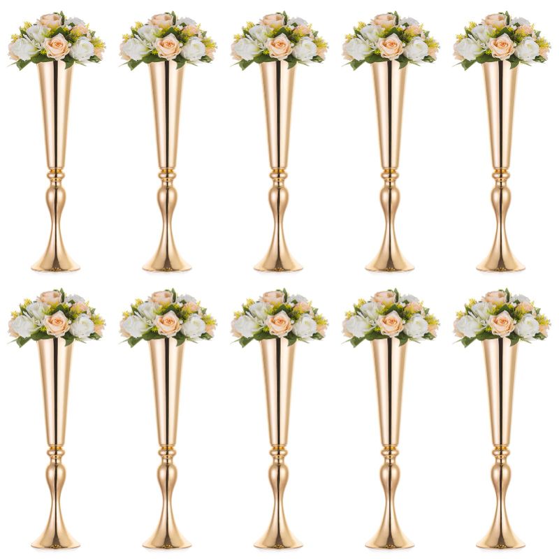 Photo 1 of 10 Pcs 21.9" Height Versatile Metal Wedding Centerpieces Vase, Metal Trumpet Vase, Road Lead for Wedding Party Dinner Centerpiece for Anniversary Ceremony Party Birthday Event Decor Gold 10 Pcs