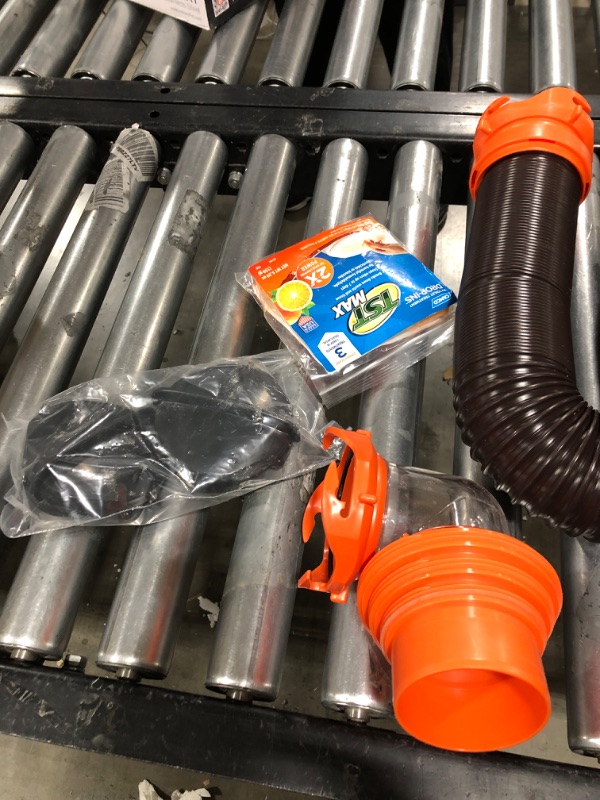 Photo 4 of Camco 20' (39742) RhinoFLEX 20-Foot RV Sewer Hose Kit, Swivel Transparent Elbow with 4-in-1 Dump Station Fitting-Storage Caps Included , Black , Brown 20ft Sewer Hose Kit Frustration-Free Packaging