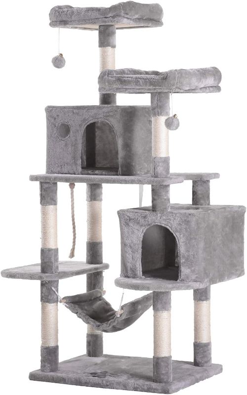 Photo 1 of  Multi-Level Cat Tree Condo Furniture with Sisal-Covered Scratching Posts, 2 Bigger Plush Condos, Perch Hammock for Kittens, Cats and Pets Light Gray MPJ020W

