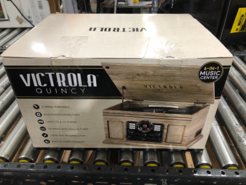 Photo 4 of Victrola Nostalgic 6-in-1 Bluetooth Record Player & Multimedia Center with Built-in Speakers - 3-Speed Turntable, CD & Cassette Player, AM/FM Radio | Wireless Music Streaming | Farmhouse Oatmeal Farmhouse Oatmeal Entertainment Center