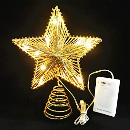 Photo 1 of 3D Christmas Tree Topper Star, Hollowed-Out Glittered Metal Treetop Star with Timer Warm White LED 10-Lights (Three Functions), 8.5 X 10.5 Inch (Gold)