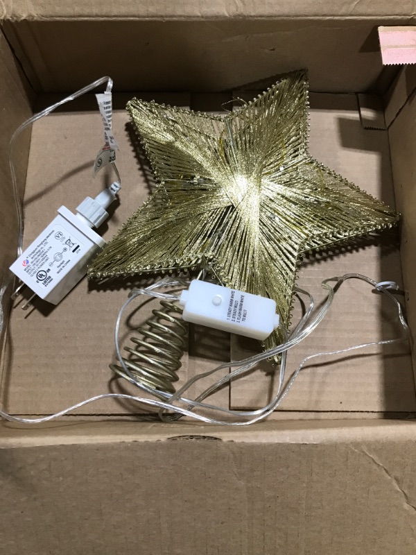 Photo 2 of 3D Christmas Tree Topper Star, Hollowed-Out Glittered Metal Treetop Star with Timer Warm White LED 10-Lights (Three Functions), 8.5 X 10.5 Inch (Gold)