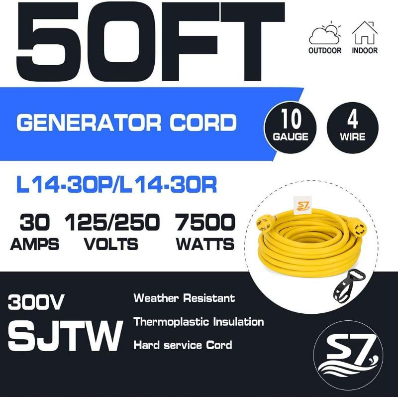 Photo 2 of 50ft Heavy Duty Generator Locking Power Cord NEMA L14-30P/L14-30R, 4 Jaw 10 Gauge SJTW Cable, 125/250V 30Amp 7500 Watt Yellow Generator Locking Extension Cord