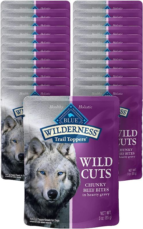 Photo 1 of Blue Buffalo Wilderness Trail Toppers Wild Cuts High Protein, Natural Wet Dog Food, Chunky Beef Bites in Hearty Gravy 3-oz pouches (Pack of 24)
