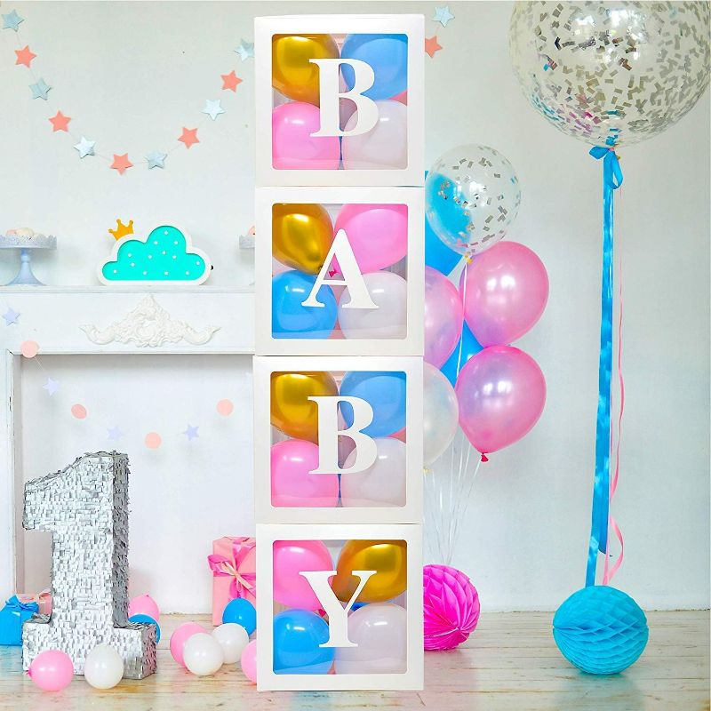 Photo 1 of Baby Clear Boxes 4 pcs 12" by Serene Selection, 40 Balloons Included, for Boy or Girl BabyShower, Gender Reveal Party Supplies, Blocks with Letters for Baby Shower, Backdrop Block Party Decorations
