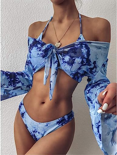 Photo 1 of Bikini Swimsuit for Women, Tie Dye 3 Pieces Set, Knot Front Crop Off-Shoulder High Cut Cover Up with Halter Bikini Sets Bathing Suit (Blue, M)
